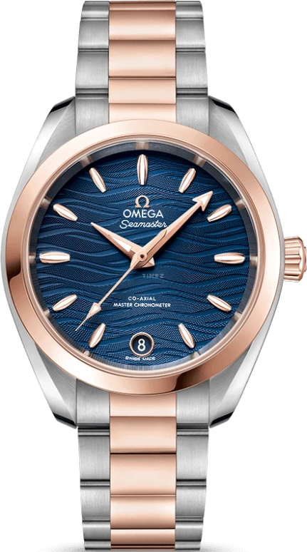 Omega,Aqua Terra 34mm,34mm,Sedna Gold,Stainless Steel,Blue,Automatic,Date,Co-Axial Escapement,220,220.20.34.20.03.001