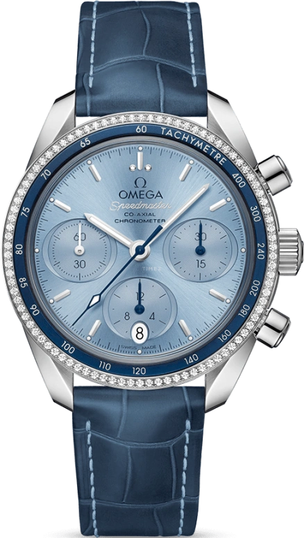 Omega,Speedmaster (Non-Moonwatch) 38mm,38mm,Stainless Steel,Blue,Automatic,Chronograph,Date,Co-Axial Escapement,Column Wheel,52hours,In-house Caliber,324,324.38.38.50.03.001