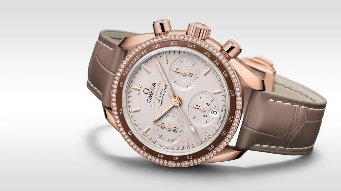 Omega,Speedmaster (Non-Moonwatch) 38mm,38mm,Sedna Gold,Beige,Automatic,Chronograph,Date,Co-Axial Escapement,Column Wheel,52hours,In-house Caliber,324,324.68.38.50.02.003