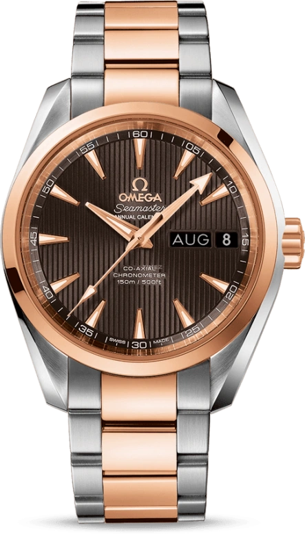 Omega,Aqua Terra 38.50mm,38.50mm,Red Gold,Stainless Steel,Grey,Automatic,Annual Calendar,Month,Date,Co-Axial Escapement,60hours,In-house Caliber,231,231.20.39.22.06.001