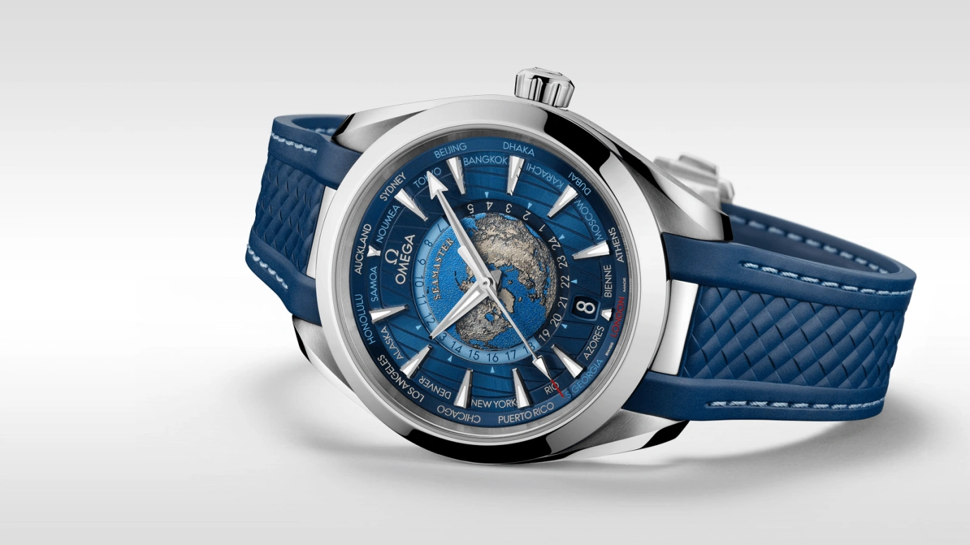 Omega,Aqua Terra 43mm,43mm,Stainless Steel,Blue,Automatic,Date,World Time,Co-Axial Escapement,220,220.12.43.22.03.001