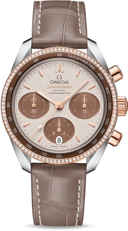 Omega,Speedmaster (Non-Moonwatch) 38mm,38mm,Sedna Gold,Stainless Steel,Beige,Automatic,Chronograph,Date,Co-Axial Escapement,Column Wheel,52hours,In-house Caliber,324,324.28.38.50.02.002