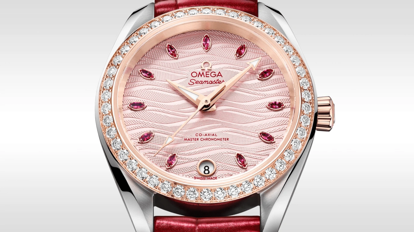 Omega,Aqua Terra 34mm,34mm,Sedna Gold,Stainless Steel,Pink,Automatic,Date,Co-Axial Escapement,220,220.28.34.20.60.001