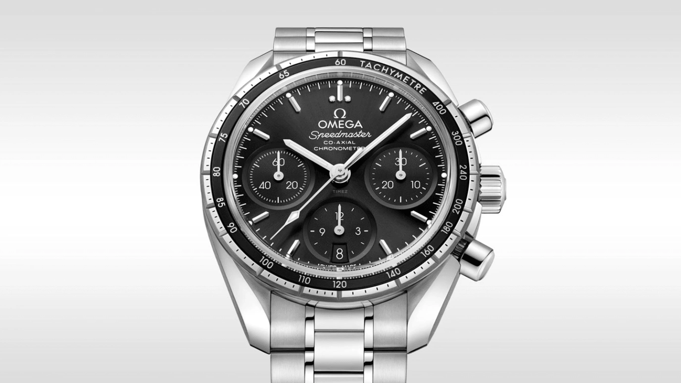 Omega,Speedmaster (Non-Moonwatch) 38mm,38mm,Stainless Steel,Black,Automatic,Chronograph,Date,Co-Axial Escapement,Column Wheel,52hours,In-house Caliber,324,324.30.38.50.01.001