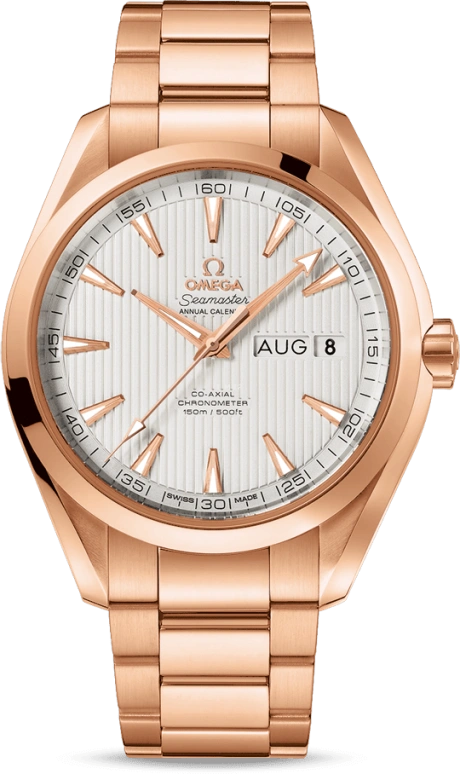 Omega,Aqua Terra 43mm,43mm,Red Gold,Silver,Automatic,Annual Calendar,Month,Date,Co-Axial Escapement,60hours,In-house Caliber,231,231.50.43.22.02.002