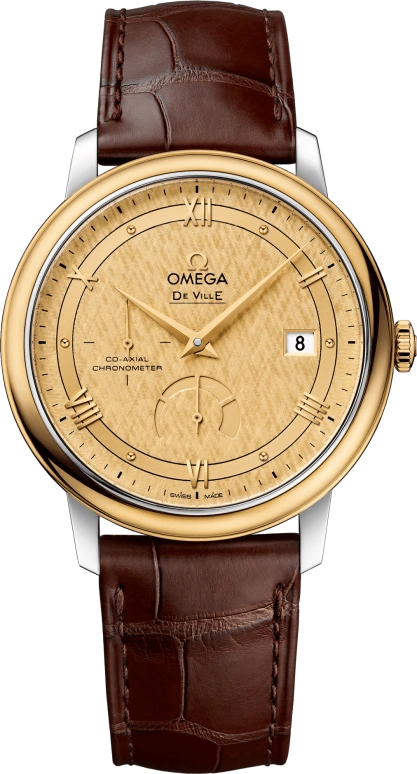 Omega,De Ville 39.50mm,39.50mm,Yellow Gold,Stainless Steel,Champagne,Automatic,Date,Power Reserve Indicator,Co-Axial Escapement,424,424.23.40.21.08.001