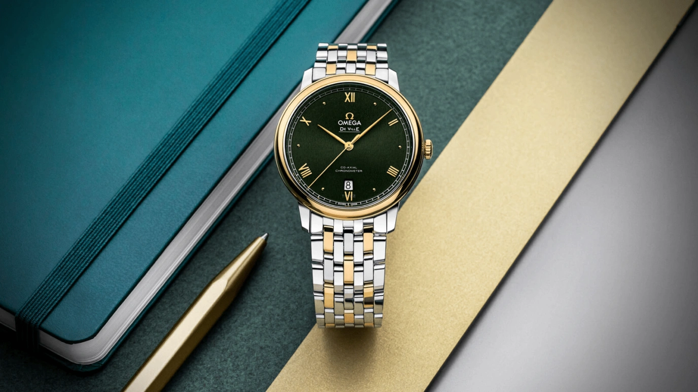 Omega,De Ville 39.50mm,39.50mm,Yellow Gold,Stainless Steel,Green,Automatic,Date,Co-Axial Escapement,424,424.20.40.20.10.001