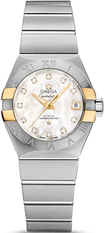 Omega,Constellation 27mm,27mm,Yellow Gold,Stainless Steel,White,Automatic,Date,Zodiac Indications,Co-Axial Escapement,123,123.20.27.20.55.005
