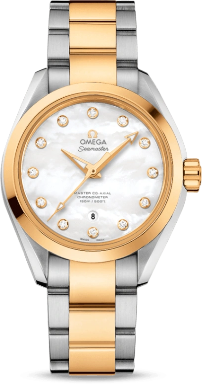 Omega,Aqua Terra 34mm,34mm,Yellow Gold,Stainless Steel,White,Automatic,Date,Zodiac Indications,Co-Axial Escapement,231,231.20.34.20.55.002