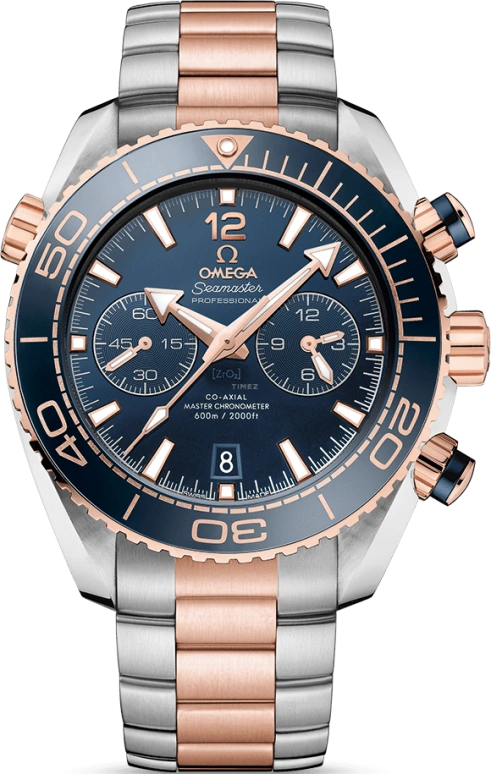 Omega,Seamaster Planet Ocean 45.50mm,45.50mm,Sedna Gold,Stainless Steel,Blue,Automatic,Chronograph,Date,Co-Axial Escapement,Column Wheel,60hours,In-house Caliber,215,215.20.46.51.03.001