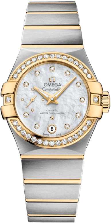 Omega,Constellation 27mm,27mm,Yellow Gold,Stainless Steel,White,Automatic,Date,Co-Axial Escapement,127,127.25.27.20.55.002