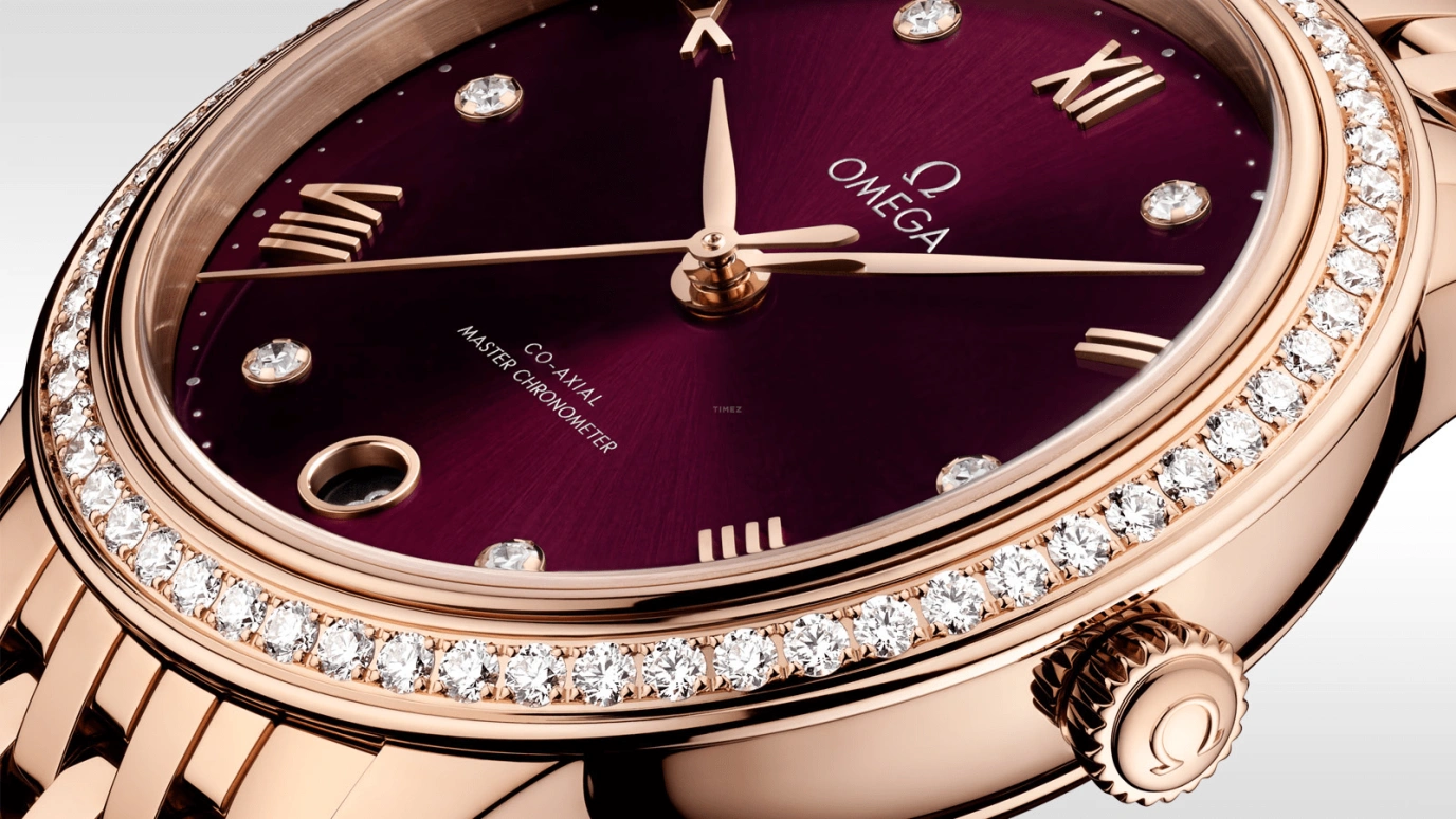 Omega,De Ville 34mm,34mm,Yellow Gold,Red,Automatic,55hours,In-house Caliber,434,434.55.34.20.61.001