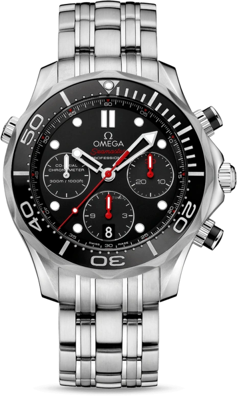 Omega,Seamaster Diver 300M 44mm,44mm,Stainless Steel,Black,Automatic,Chronograph,Date,Co-Axial Escapement,Column Wheel,52hours,In-house Caliber,212,212.30.44.50.01.001