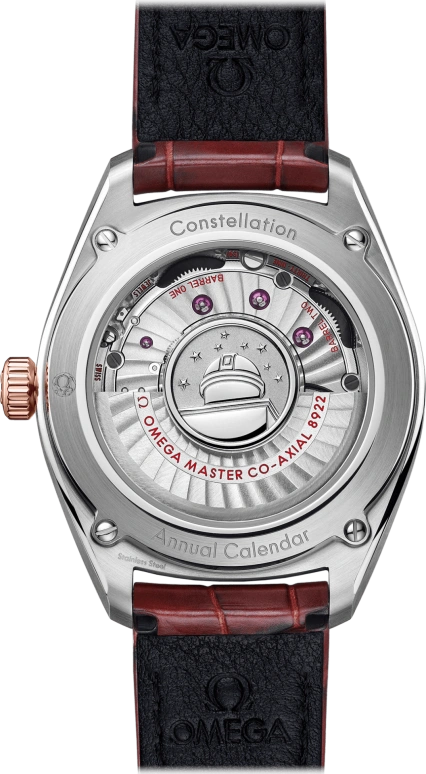 Omega,Globemaster 41mm,41mm,Sedna Gold,Stainless Steel,Red,Automatic,Annual Calendar,Month,Date,Zodiac Indications,55hours,In-house Caliber,130,130.23.41.22.11.001