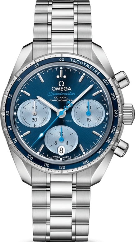Omega,Speedmaster (Non-Moonwatch) 38mm,38mm,Stainless Steel,Blue,Automatic,Chronograph,Date,Co-Axial Escapement,Column Wheel,52hours,In-house Caliber,324,324.30.38.50.03.002