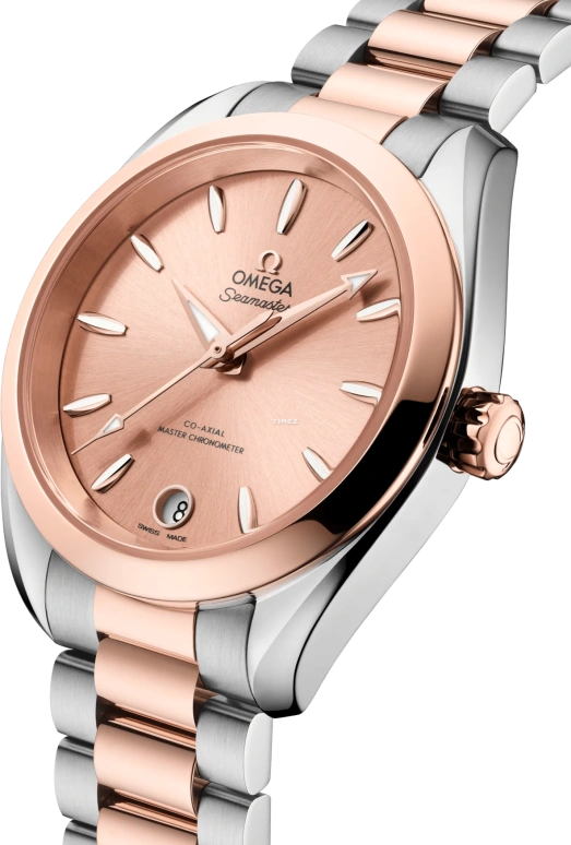 Omega,Aqua Terra 34mm,34mm,Stainless Steel,Sedna Gold,Rose Gold,Automatic,Day,Anti-magnetic,220,220.20.34.20.10.001