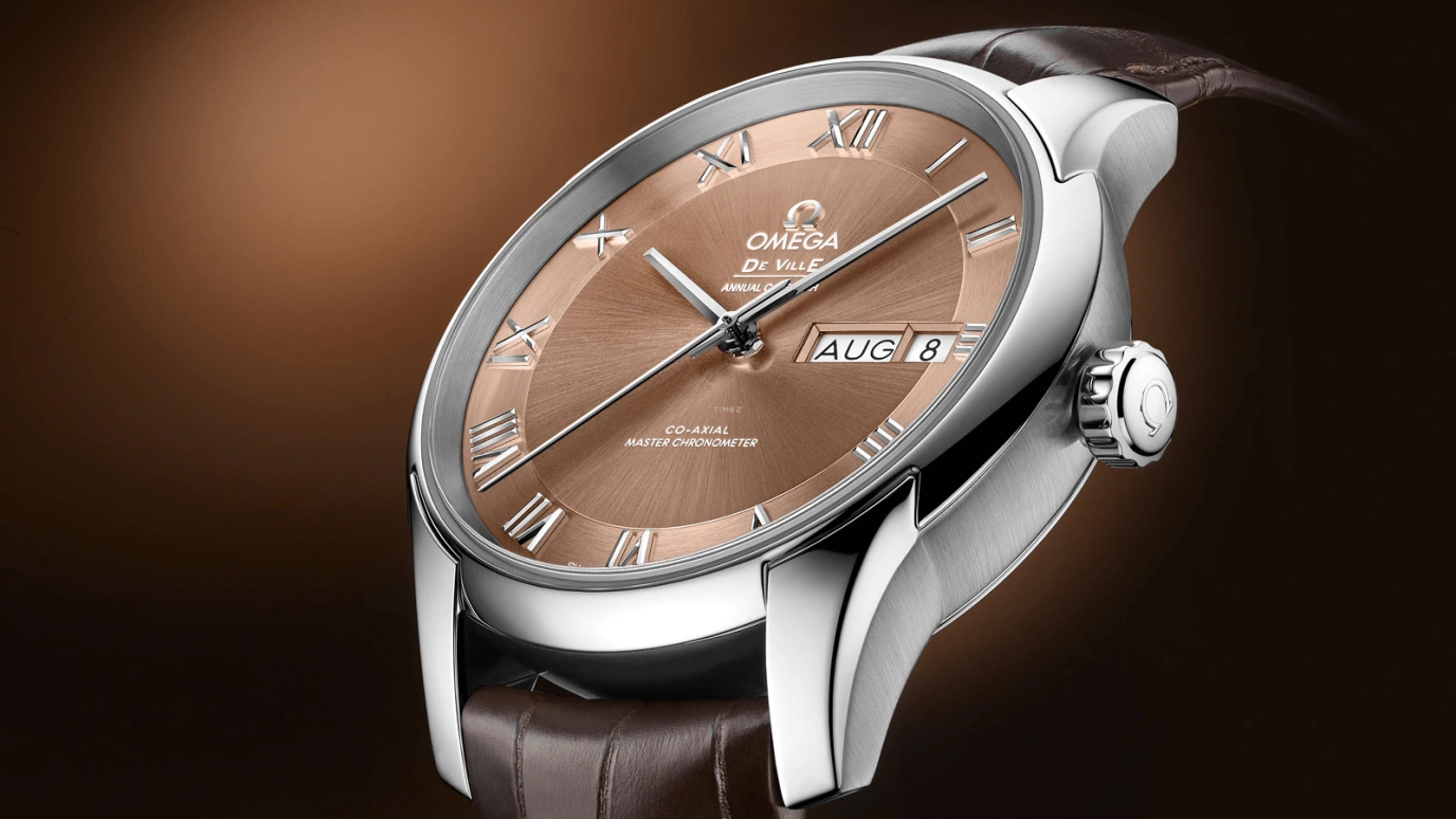Omega,De Ville 41mm,41mm,Stainless Steel,Brown,Automatic,Annual Calendar,Month,Date,Co-Axial Escapement,60hours,In-house Caliber,433,433.13.41.22.10.001