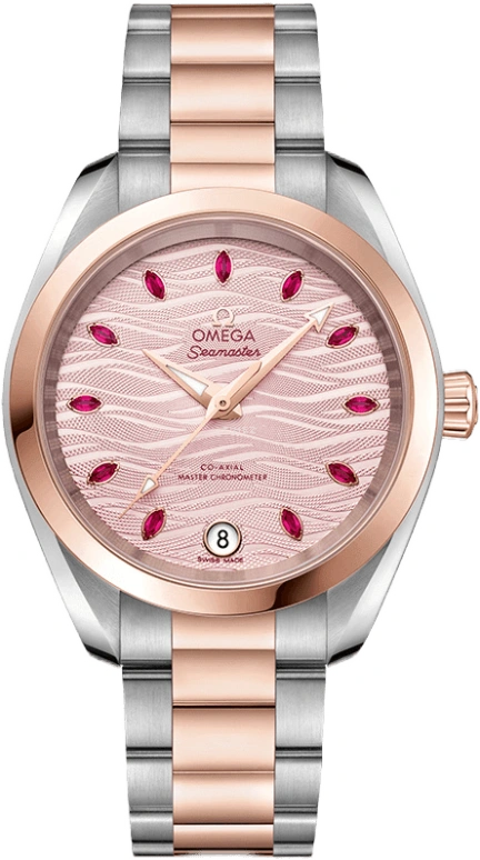 Omega,Aqua Terra 34mm,34mm,Sedna Gold,Stainless Steel,Pink,Automatic,Date,Co-Axial Escapement,220,220.20.34.20.60.001