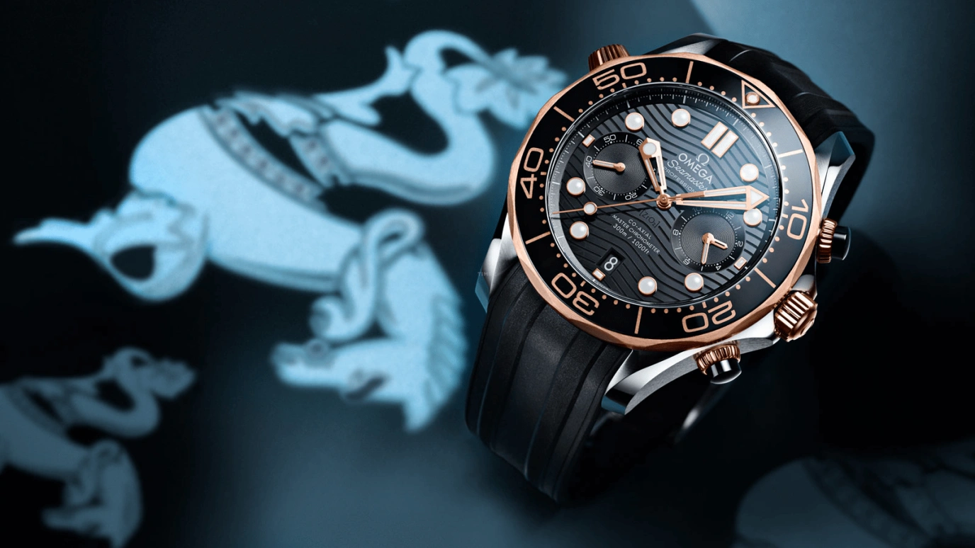 Omega,Seamaster Diver 300M 44mm,44mm,Sedna Gold,Stainless Steel,Black,Automatic,Chronograph,Date,Co-Axial Escapement,Column Wheel,60hours,In-house Caliber,210,210.22.44.51.01.001