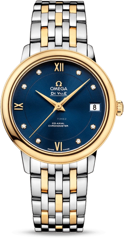 Omega,De Ville 32.70mm,32.70mm,Yellow Gold,Stainless Steel,Blue,Automatic,Date,Co-Axial Escapement,424,424.20.33.20.53.002