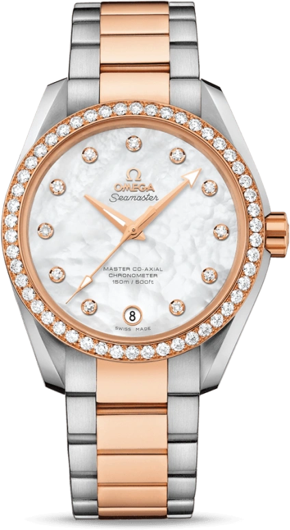 Omega,Aqua Terra 38.50mm,38.50mm,Red Gold,Stainless Steel,White,Automatic,Date,Co-Axial Escapement,231,231.25.39.21.55.001