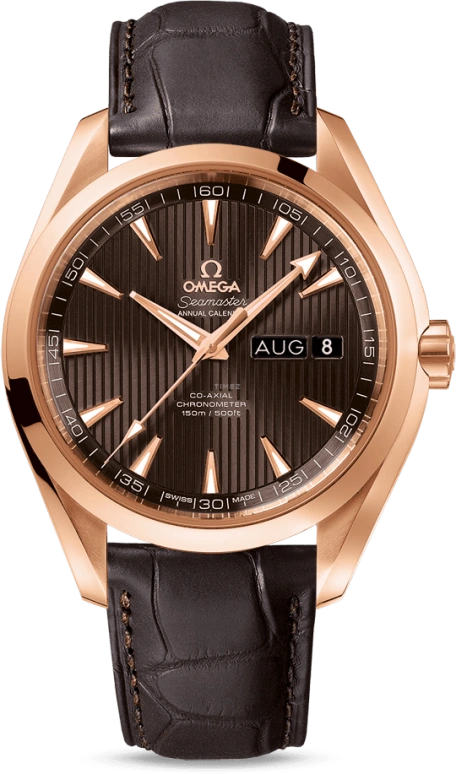 Omega,Aqua Terra 43mm,43mm,Red Gold,Grey,Automatic,Annual Calendar,Month,Date,Co-Axial Escapement,60hours,In-house Caliber,231,231.53.43.22.06.003