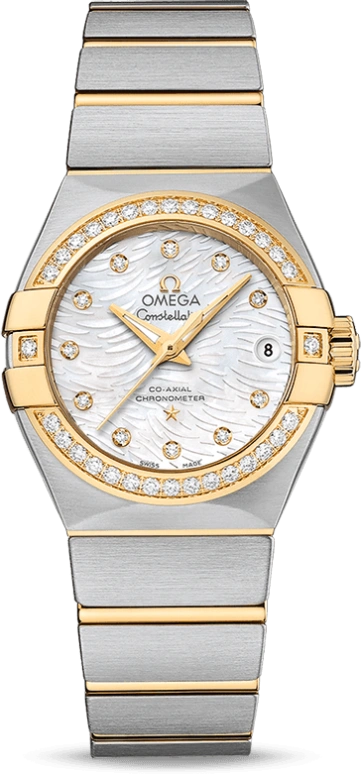 Omega,Constellation 27mm,27mm,Yellow Gold,Stainless Steel,White,Automatic,Date,Zodiac Indications,Co-Axial Escapement,123,123.25.27.20.55.007