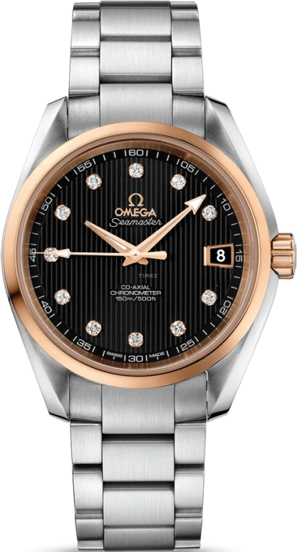 Omega,Aqua Terra 38.50mm,38.50mm,Red Gold,Stainless Steel,Black,Automatic,Date,Co-Axial Escapement,231,231.20.39.21.51.003
