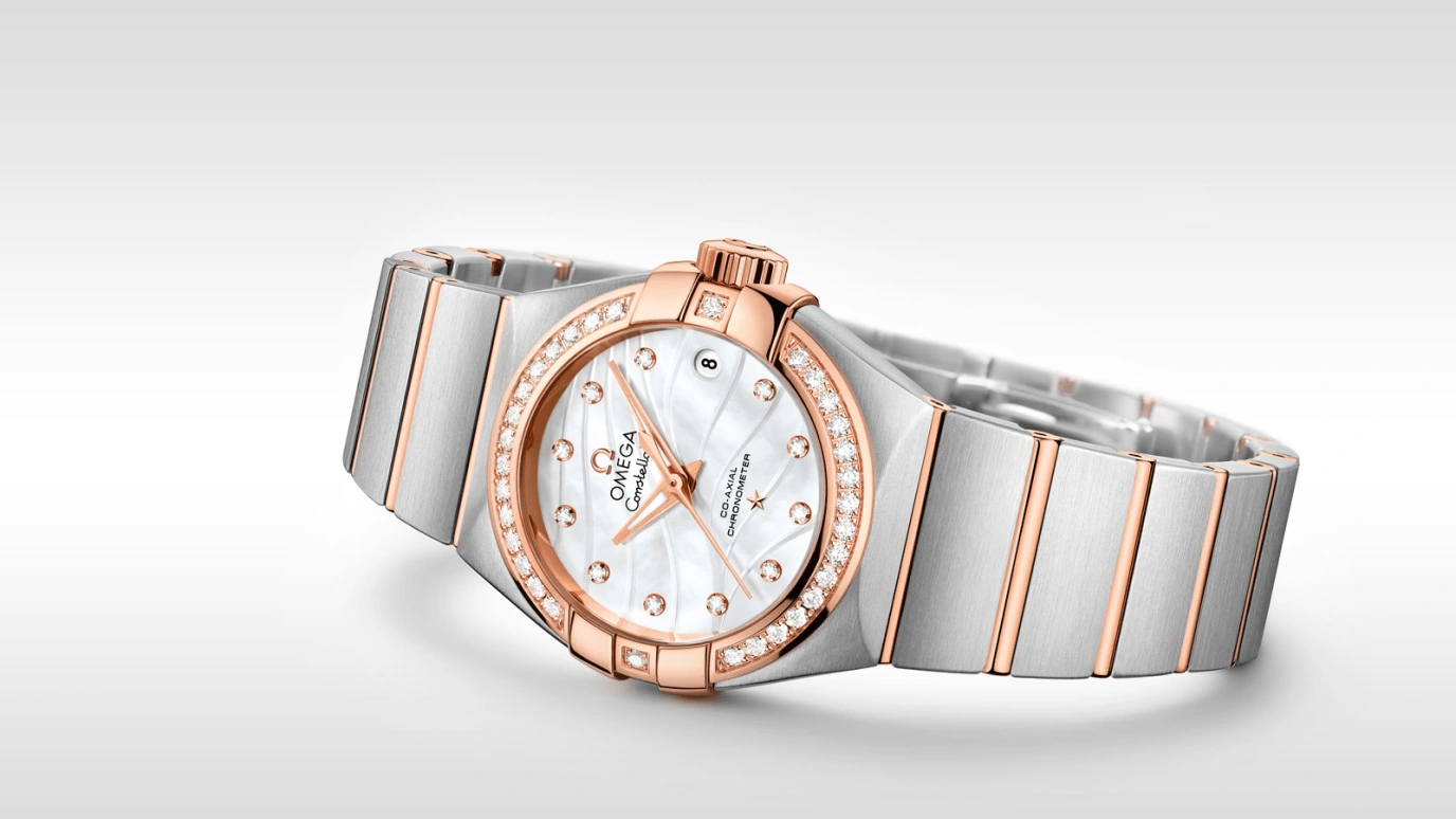 Omega,Constellation 27mm,27mm,Red Gold,Stainless Steel,White,Automatic,Date,Zodiac Indications,Co-Axial Escapement,123,123.25.27.20.55.005