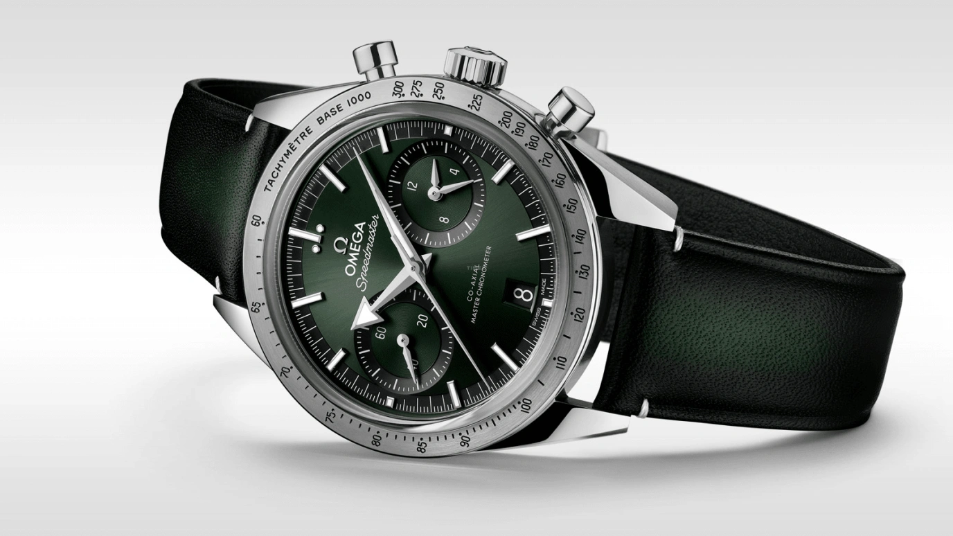 Omega,Speedmaster (Non-Moonwatch) 40.50mm,40.50mm,Stainless Steel,Green,Handwound,Chronograph,Date,Co-Axial Escapement,Column Wheel,60hours,In-house Caliber,332,332.12.41.51.10.001