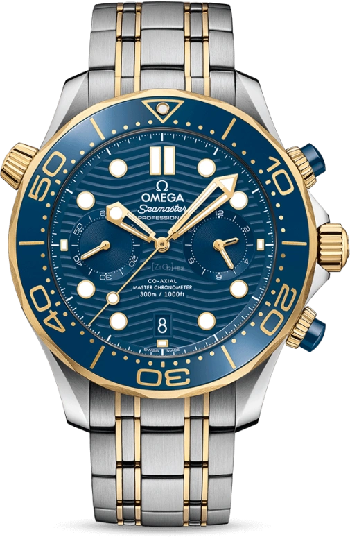 Omega,Seamaster Diver 300M 44mm,44mm,Yellow Gold,Stainless Steel,Blue,Automatic,Chronograph,Date,Co-Axial Escapement,Column Wheel,60hours,In-house Caliber,210,210.20.44.51.03.001