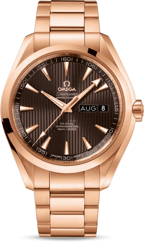 Omega,Aqua Terra 43mm,43mm,Red Gold,Grey,Automatic,Annual Calendar,Month,Date,Co-Axial Escapement,60hours,In-house Caliber,231,231.50.43.22.06.003