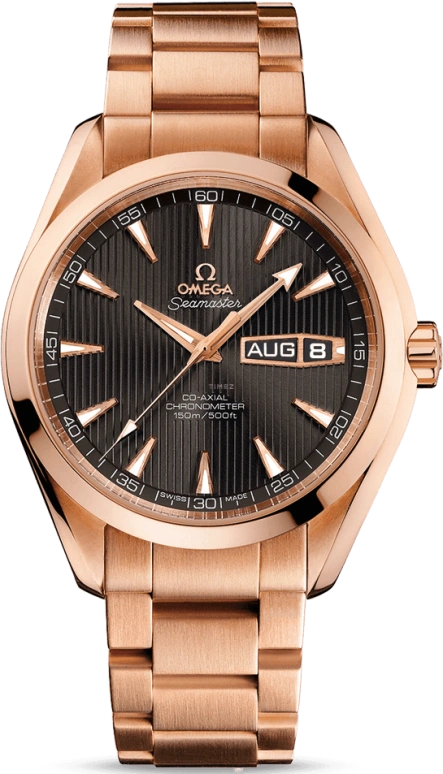 Omega,Aqua Terra 43mm,43mm,Red Gold,Grey,Automatic,Annual Calendar,Month,Date,Co-Axial Escapement,60hours,In-house Caliber,231,231.50.43.22.06.001