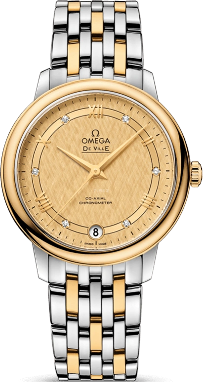 Omega,De Ville 32.70mm,32.70mm,Yellow Gold,Stainless Steel,Champagne,Automatic,Date,Co-Axial Escapement,424,424.20.33.20.58.003