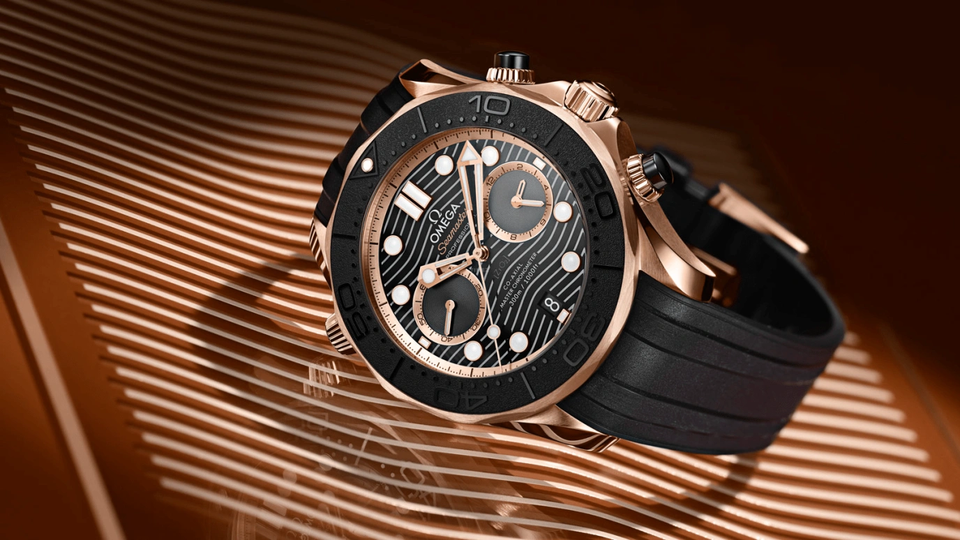 Omega,Seamaster Diver 300M 44mm,44mm,Sedna Gold,Black,Automatic,Chronograph,Date,Co-Axial Escapement,Column Wheel,60hours,In-house Caliber,210,210.62.44.51.01.001