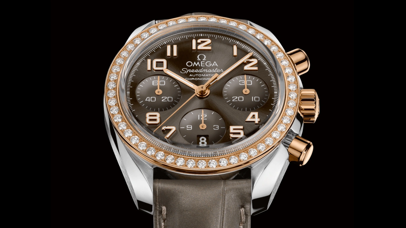 Omega,Speedmaster (Non-Moonwatch) 38mm,38mm,Red Gold,Stainless Steel,Grey,Automatic,Chronograph,Date,324,324.28.38.40.06.001