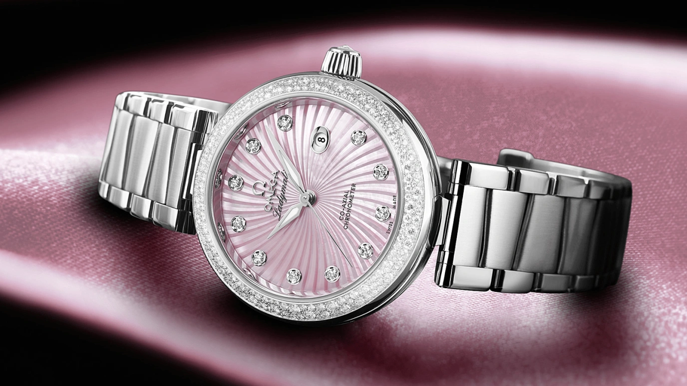 Omega,LadyMatic 34mm,34mm,Stainless Steel,Pink,Automatic,Date,Zodiac Indications,Co-Axial Escapement,425,425.35.34.20.57.001