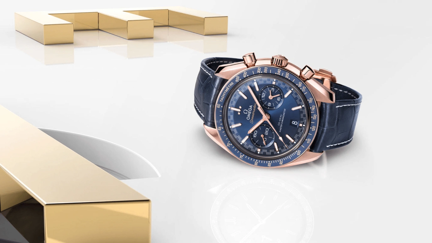 Omega,Speedmaster (Non-Moonwatch) 44.25mm,44.25mm,Sedna Gold,Blue,Automatic,Chronograph,Date,Co-Axial Escapement,Column Wheel,60hours,In-house Caliber,329,329.53.44.51.03.001