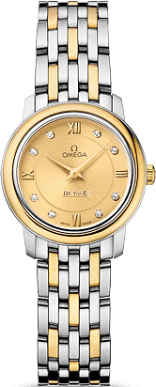 Omega,De Ville 24.50mm,24.50mm,Yellow Gold,Stainless Steel,Champagne,Quartz,Zodiac Indications,30000hours,424,424.20.24.60.58.001