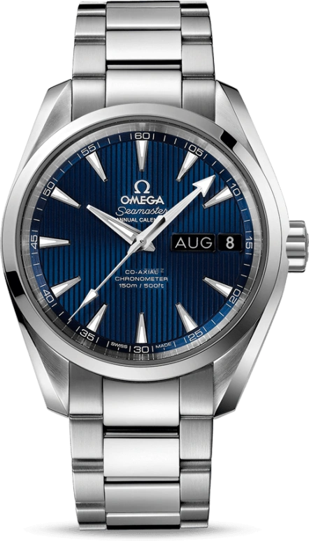 Omega,Aqua Terra 38.50mm,38.50mm,Stainless Steel,Blue,Automatic,Annual Calendar,Month,Date,Co-Axial Escapement,60hours,In-house Caliber,231,231.10.39.22.03.001