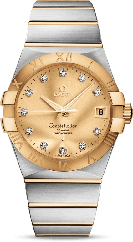 Omega,Constellation 38mm,38mm,Yellow Gold,Stainless Steel,Champagne,Automatic,Date,Co-Axial Escapement,123,123.20.38.21.58.001