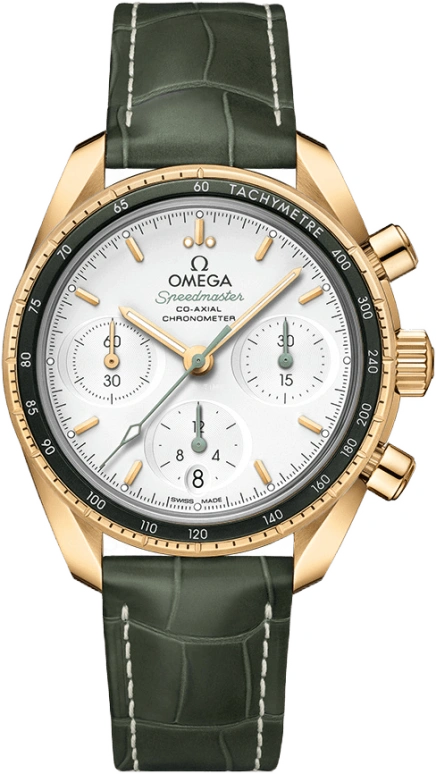 Omega,Speedmaster (Non-Moonwatch) 38mm,38mm,Yellow Gold,Silver,Automatic,Chronograph,Date,Co-Axial Escapement,Column Wheel,52hours,In-house Caliber,324,324.63.38.50.02.004