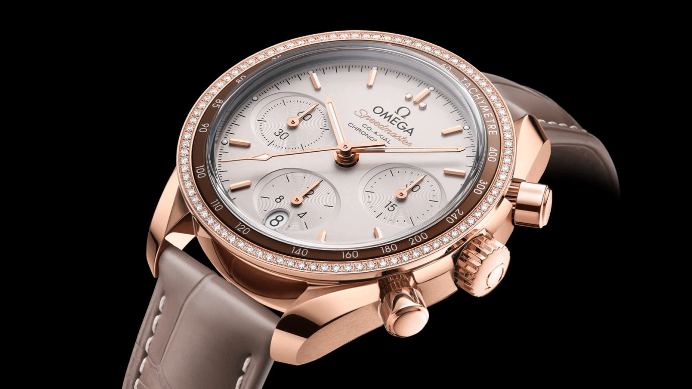 Omega,Speedmaster (Non-Moonwatch) 38mm,38mm,Sedna Gold,Beige,Automatic,Chronograph,Date,Co-Axial Escapement,Column Wheel,52hours,In-house Caliber,324,324.68.38.50.02.003