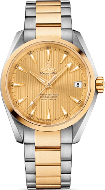 Omega,Aqua Terra 38.50mm,38.50mm,Yellow Gold,Stainless Steel,Champagne,Automatic,Date,Co-Axial Escapement,231,231.20.39.21.08.001
