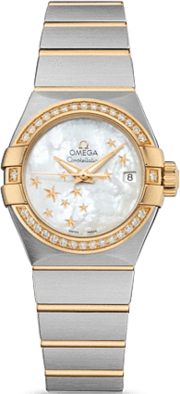 Omega,Constellation 27mm,27mm,Yellow Gold,Stainless Steel,White,Automatic,Date,Zodiac Indications,Co-Axial Escapement,123,123.25.27.20.05.001