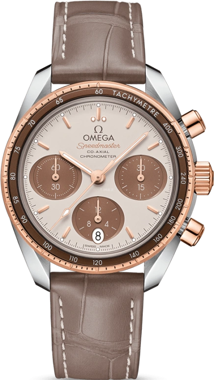 Omega,Speedmaster (Non-Moonwatch) 38mm,38mm,Sedna Gold,Stainless Steel,Beige,Automatic,Chronograph,Date,Co-Axial Escapement,Column Wheel,52hours,In-house Caliber,324,324.23.38.50.02.002