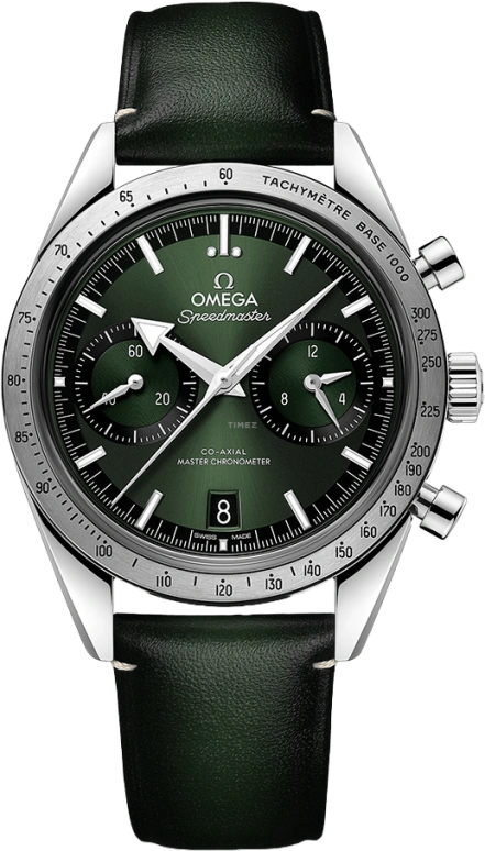 Omega,Speedmaster (Non-Moonwatch) 40.50mm,40.50mm,Stainless Steel,Green,Handwound,Chronograph,Date,Co-Axial Escapement,Column Wheel,60hours,In-house Caliber,332,332.12.41.51.10.001