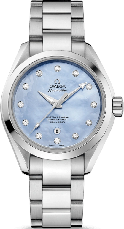 Omega,Aqua Terra 34mm,34mm,Stainless Steel,Blue,Automatic,Date,Zodiac Indications,Co-Axial Escapement,231,231.10.34.20.57.002