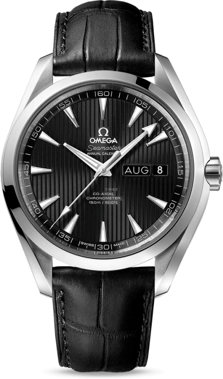 Omega,Aqua Terra 43mm,43mm,Stainless Steel,Black,Automatic,Annual Calendar,Month,Date,Co-Axial Escapement,60hours,In-house Caliber,231,231.13.43.22.01.002