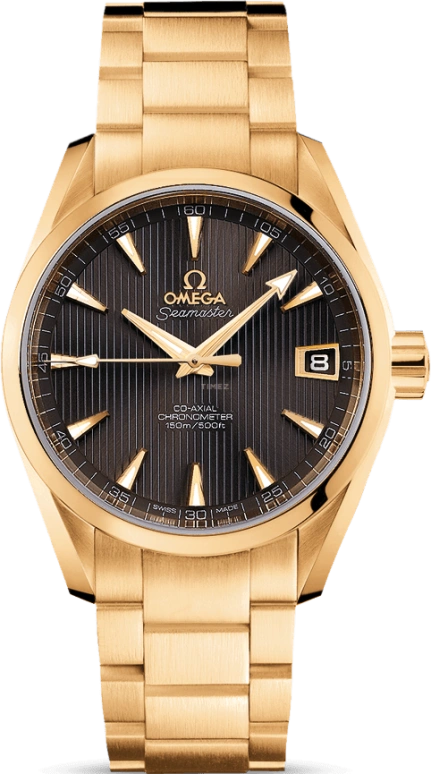 Omega,Aqua Terra 38.50mm,38.50mm,Yellow Gold,Grey,Automatic,Date,Co-Axial Escapement,231,231.50.39.21.06.002
